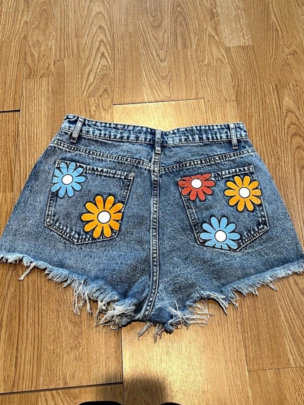 Daisy Print Frayed Denim Shorts